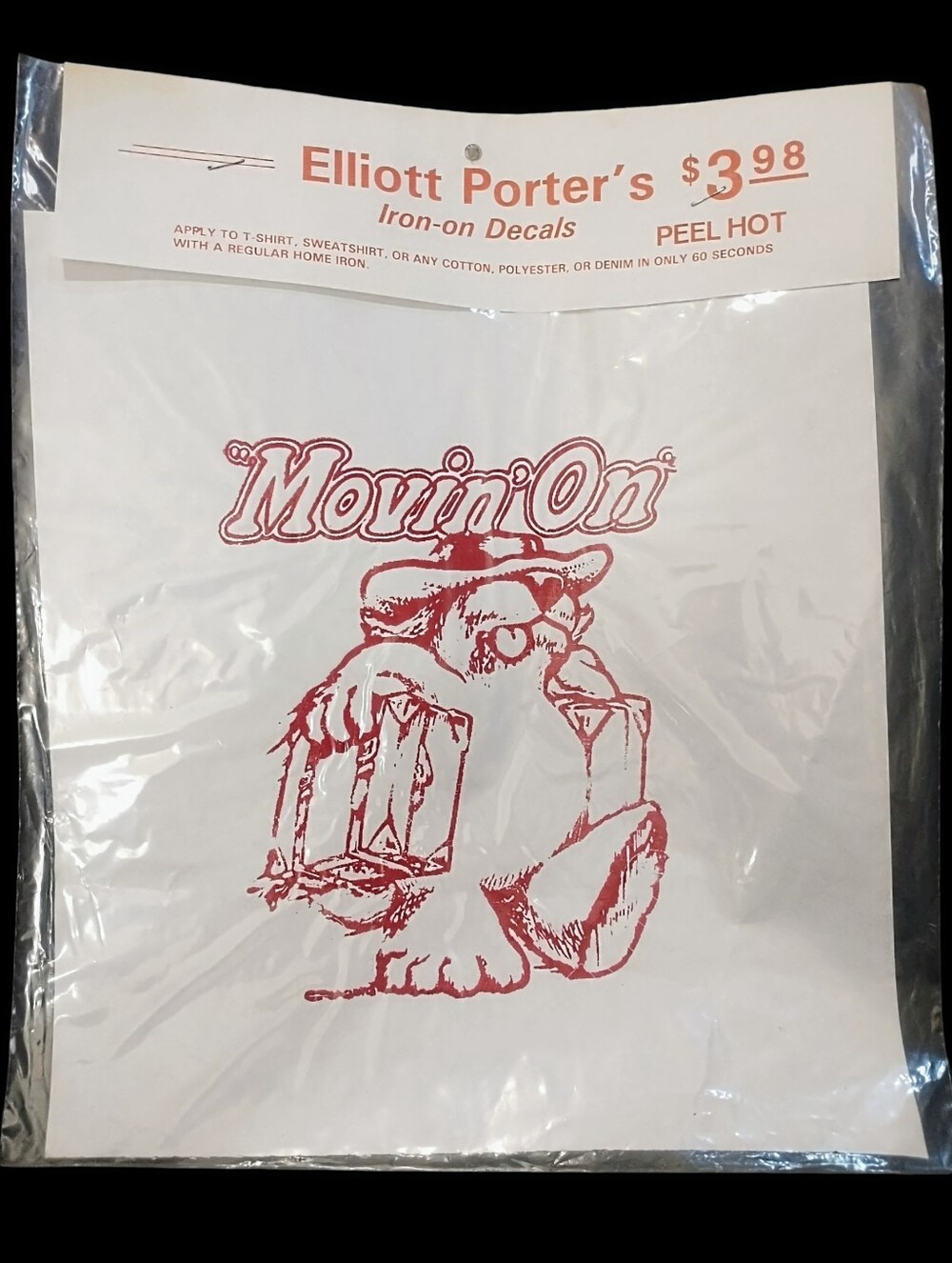 NOS Vintage 1970s Elliott Porter’s Bear "Movin’ On" Iron-On Tee Shirt Decal 70s